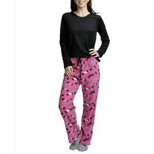 Muk Luks Goodnight Kiss Fleece Top, Pant & Socks 3pc Pajama Set Scottie Size L